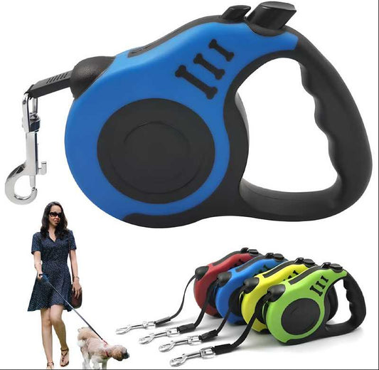 Blue and black retractable dog leash with a woman walking a dog and additional color options displayed.