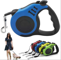 Blue and black retractable dog leash with a woman walking a dog and additional color options displayed.
