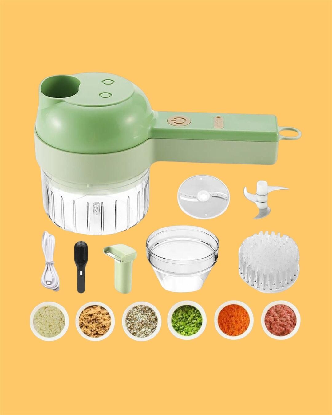 4 in 1 Portable Electric Vegetable Cutter Set – Slice, Shred, Clean & Whisk with Ease